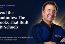 Grand Master Stephen Oliver in a blue Mile High Karate uniform beside the headline Read the Footnotes: The Books That Built My Schools
