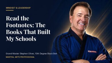 Grand Master Stephen Oliver in a blue Mile High Karate uniform beside the headline Read the Footnotes: The Books That Built My Schools