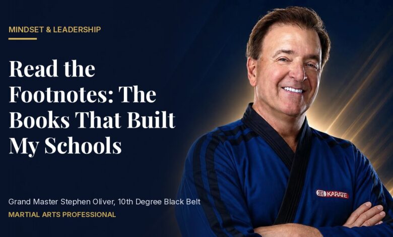 Grand Master Stephen Oliver in a blue Mile High Karate uniform beside the headline Read the Footnotes: The Books That Built My Schools