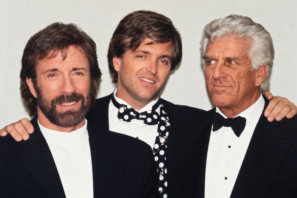 Chuck Norris, Grand Master Stephen Oliver and Nick Cokinos in formal wear at the November 1997 Educational Funding Company convention at Walt Disney World, Orlando