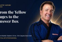 Grand Master Stephen Oliver in a blue Mile High Karate uniform beside the headline From the Yellow Pages to the Answer Box