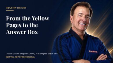 Grand Master Stephen Oliver in a blue Mile High Karate uniform beside the headline From the Yellow Pages to the Answer Box