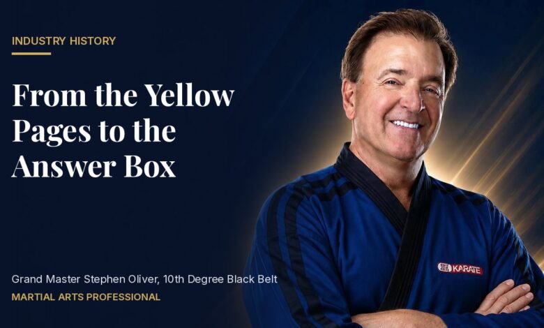 Grand Master Stephen Oliver in a blue Mile High Karate uniform beside the headline From the Yellow Pages to the Answer Box