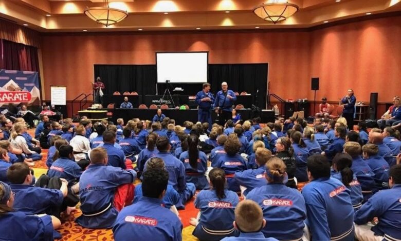 Grand Master Jeff Smith and Grand Master Stephen Oliver teaching a large group of students at a Mile High Karate event