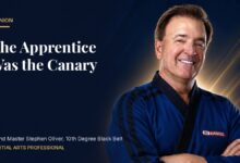 Grand Master Stephen Oliver in a blue Mile High Karate uniform beside the headline The Apprentice Was the Canary