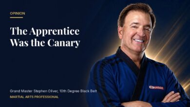 Grand Master Stephen Oliver in a blue Mile High Karate uniform beside the headline The Apprentice Was the Canary