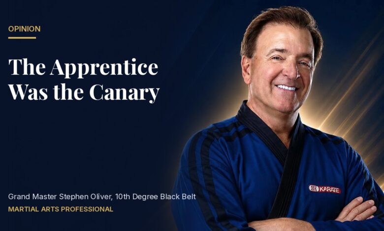 Grand Master Stephen Oliver in a blue Mile High Karate uniform beside the headline The Apprentice Was the Canary