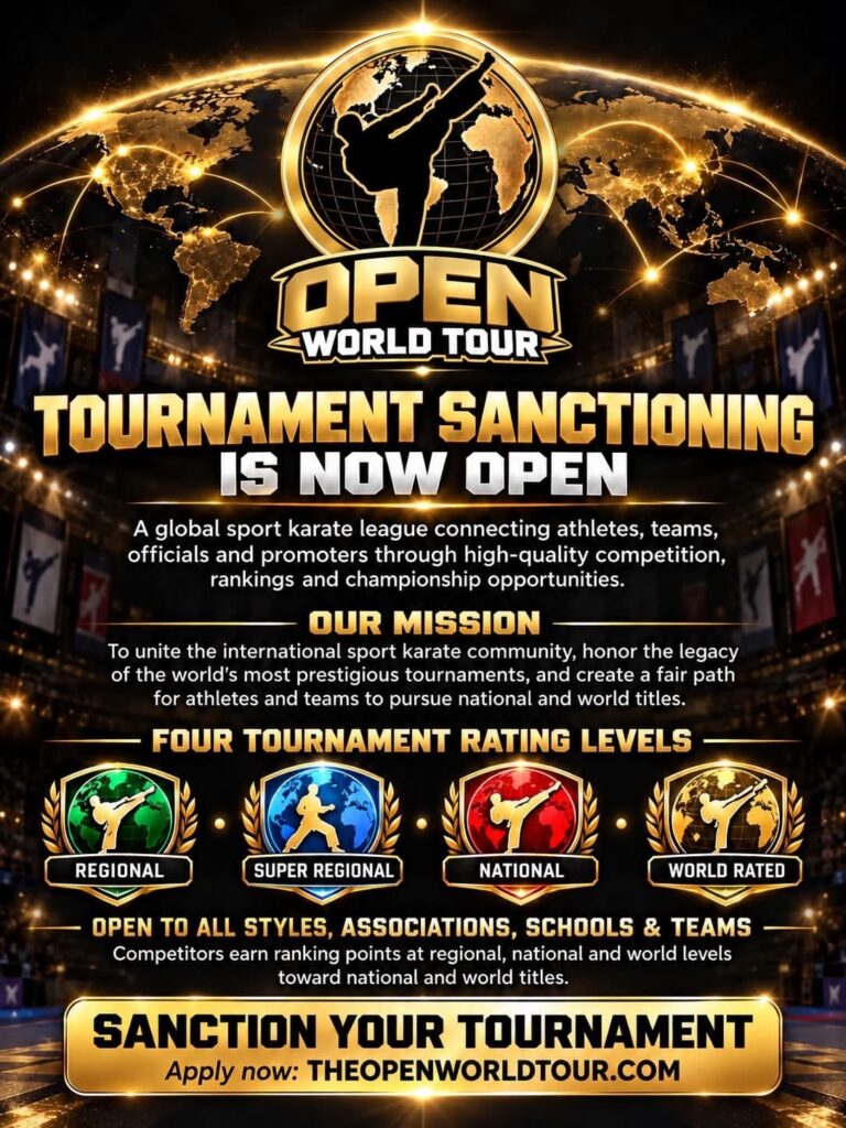 Open World Tour flyer announcing that tournament sanctioning is open, showing its mission and four tournament rating levels: Regional, Super Regional, National and World Rated