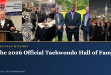 Four photographs from the 2026 Official Taekwondo Hall of Fame ceremony in Jersey City