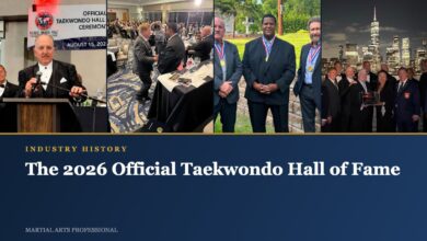 Four photographs from the 2026 Official Taekwondo Hall of Fame ceremony in Jersey City