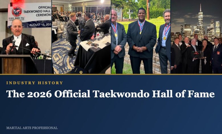 Four photographs from the 2026 Official Taekwondo Hall of Fame ceremony in Jersey City