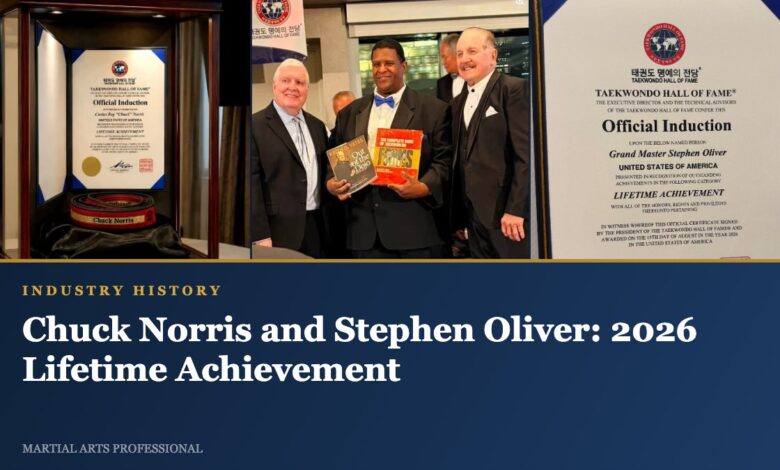 Chuck Norris black belt in its case, Keith Yates presenting books, and Stephen Oliver induction certificate