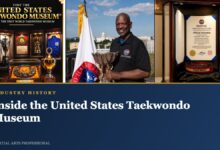 The United States Taekwondo Museum poster, Albert Cheeks with the 1973 trophy, and the Chuck Norris belt in its case