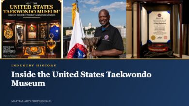 The United States Taekwondo Museum poster, Albert Cheeks with the 1973 trophy, and the Chuck Norris belt in its case
