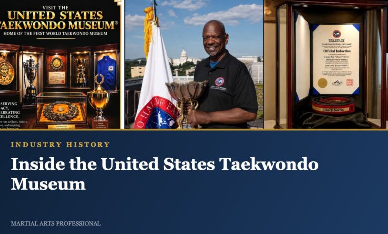 The United States Taekwondo Museum poster, Albert Cheeks with the 1973 trophy, and the Chuck Norris belt in its case