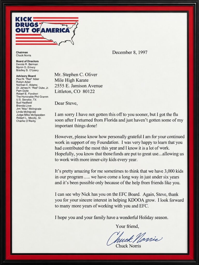 Letter on Kick Drugs Out of America Foundation letterhead from Chuck Norris to Stephen C. Oliver, dated December 8, 1997, thanking him for contributing the most that year