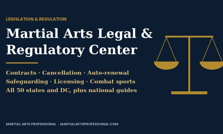 Martial Arts Legal and Regulatory Center title card with scales of justice: contracts, cancellation, auto-renewal, safeguarding, licensing and combat sports for all 50 states and DC