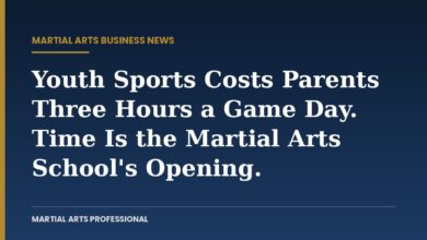 Martial Arts Professional card: youth sports costs parents three hours a game day; time is the martial arts school's opening