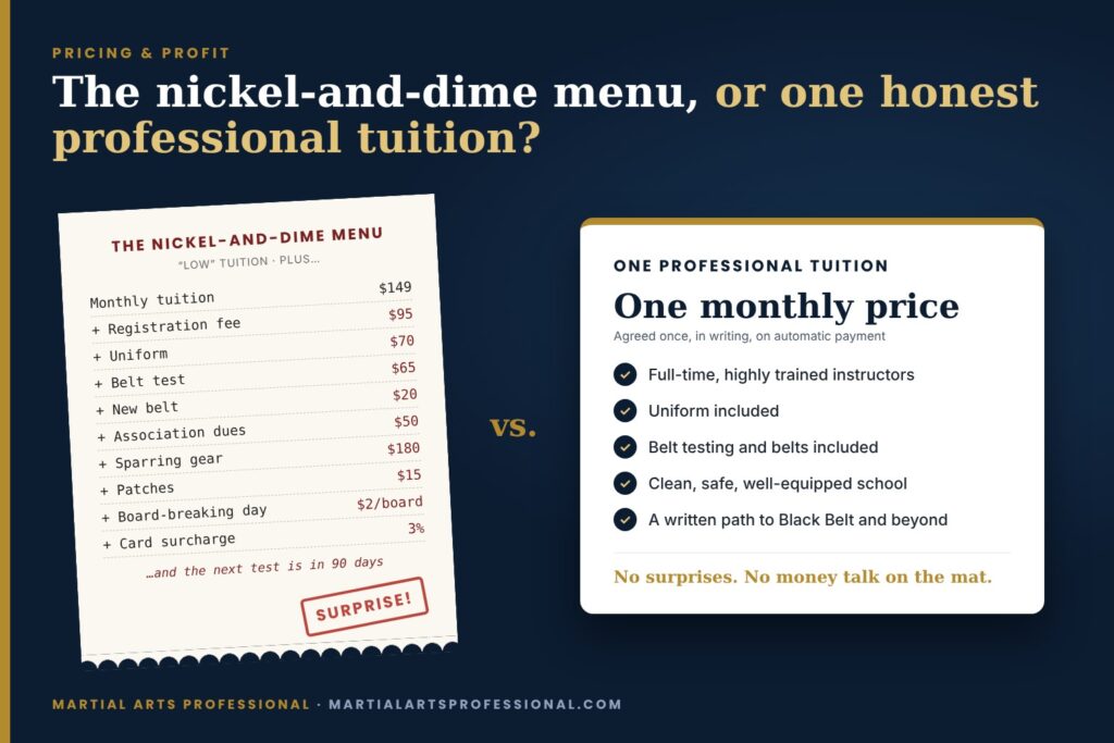 Illustration contrasting a long receipt of add-on martial arts fees (registration, uniform, belt test, new belt, dues, gear, patches, board-breaking, card surcharge) with a single professional tuition card listing full-time instructors, uniform, testing and belts included