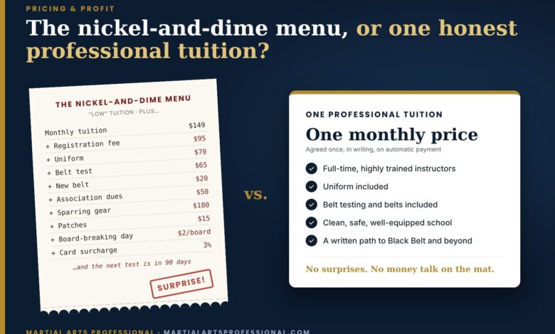 Illustration contrasting a long receipt of add-on martial arts fees (registration, uniform, belt test, new belt, dues, gear, patches, board-breaking, card surcharge) with a single professional tuition card listing full-time instructors, uniform, testing and belts included