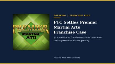 Premier Martial Arts logo beside the headline FTC Settles Premier Martial Arts Franchise Case
