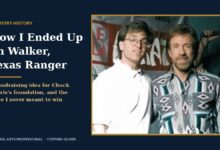 Title card reading How I Ended Up on Walker, Texas Ranger, beside a photo of Stephen Oliver with Chuck Norris