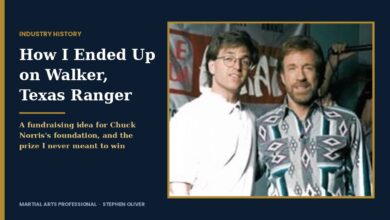 Title card reading How I Ended Up on Walker, Texas Ranger, beside a photo of Stephen Oliver with Chuck Norris