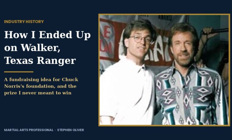 Title card reading How I Ended Up on Walker, Texas Ranger, beside a photo of Stephen Oliver with Chuck Norris